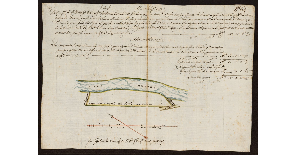 [Pianta dell'Ombrone Nuovo nel Pistoiese nei terreni di proprietà della Congregazione di Santa Maria di Piazza nel Comune di Ramini]
