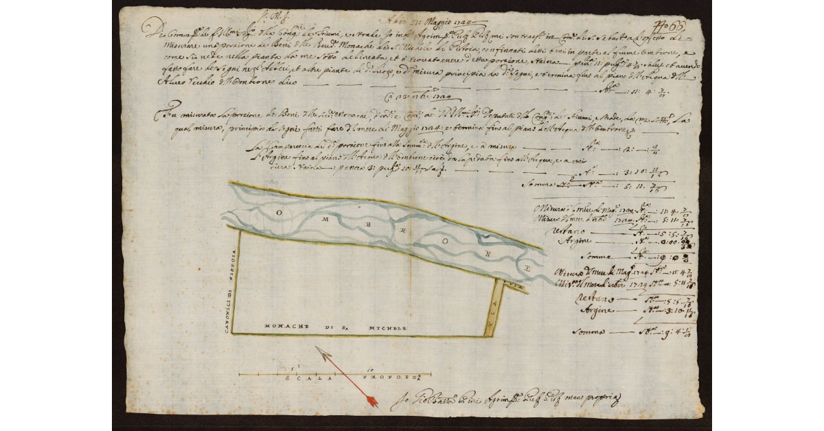 [Pianta dell'Ombrone Nuovo nel Pistoiese nei terreni di proprietà delle Monache di San Michele di Pistoia nel Comune di San Sebastiano]