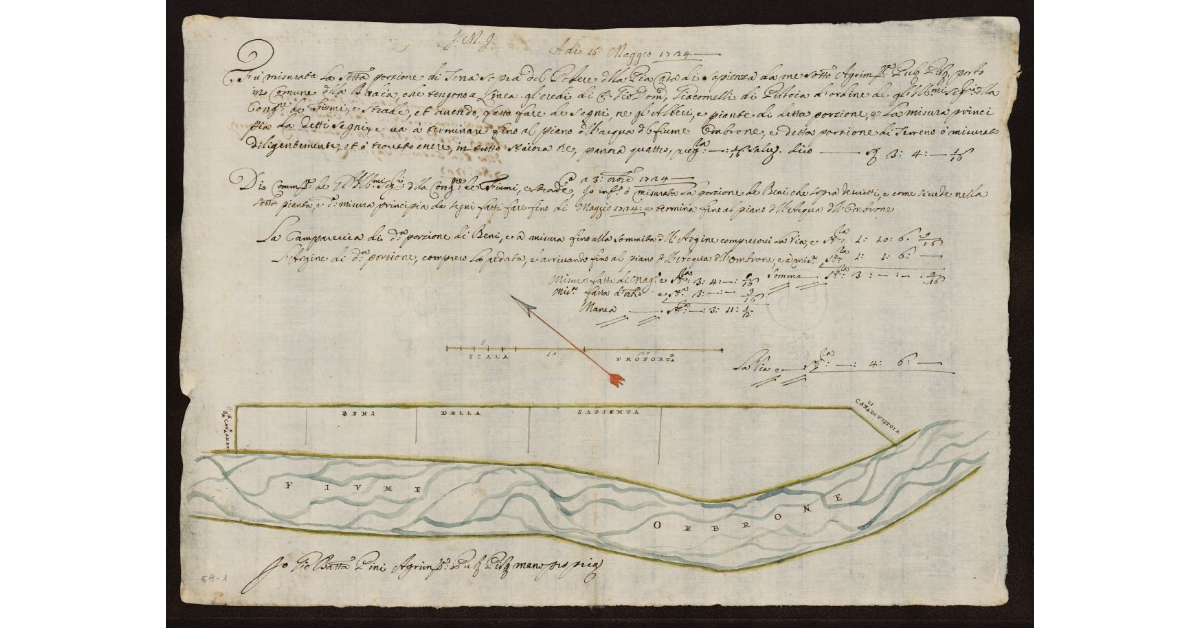 [Pianta dell'Ombrone Nuovo nel Pistoiese nei terreni sopra il Podere della Pia Casa di Sapienza di Pistoia nel Comune di Badia]