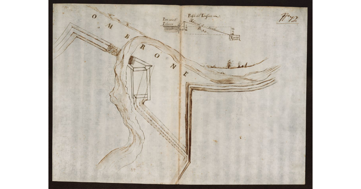 [Disegno del taglio dell'Ombrone Vecchio con immissione nel Nuovo mediante un manufatto detto "Sdrucciola di tavole"]