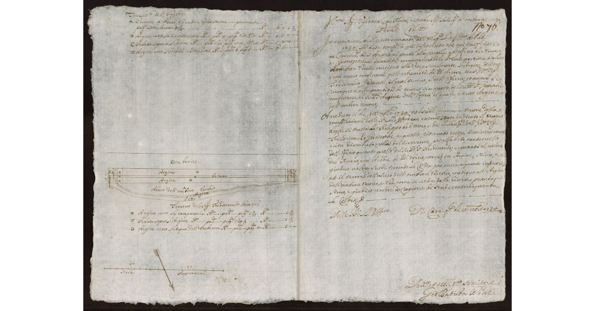 [Pianta dell'Ombrone Vecchio e Nuovo nel Pistoiese con terreni dell'Uffizio dei Fiumi e Strade nel Comune di Sant'Angelo al Ponte alla Pergola]