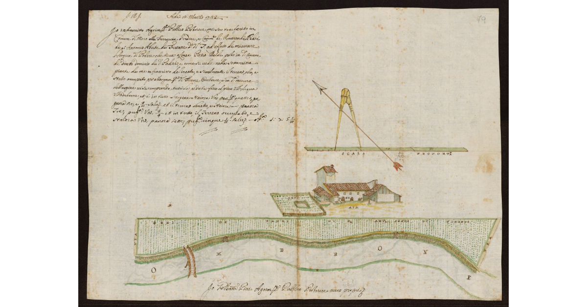 [Pianta dell'Ombrone Nuovo nel Pistoiese con i terreni dei Padri di S. Antonio posti nel Comune del Moro alla Ferruccia]
