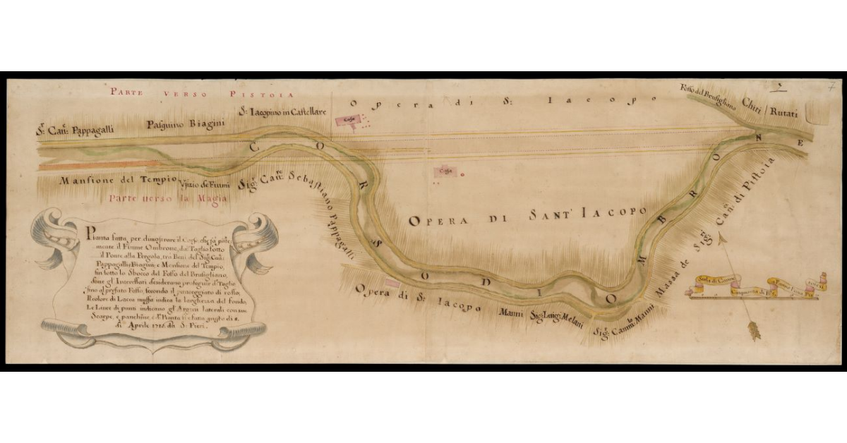 Pianta fatta per dimostrare il corso che fa presentemente il Fiume Ombrone, dal Taglio sotto il Ponte alla Pergola, tra' beni del Sig.r Cav.e Pappagalli e Biagini e Mansione del Tempio fin sotto lo sbocco del Fosso del Brusigliano