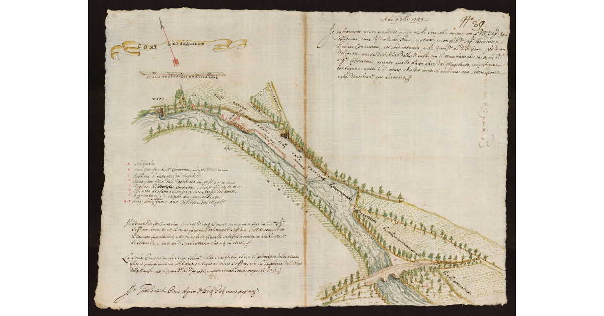 [Pianta del Fiume Nievole nel Comune di Seravalle con i terreni agricoli e le difese spondali circostanti]