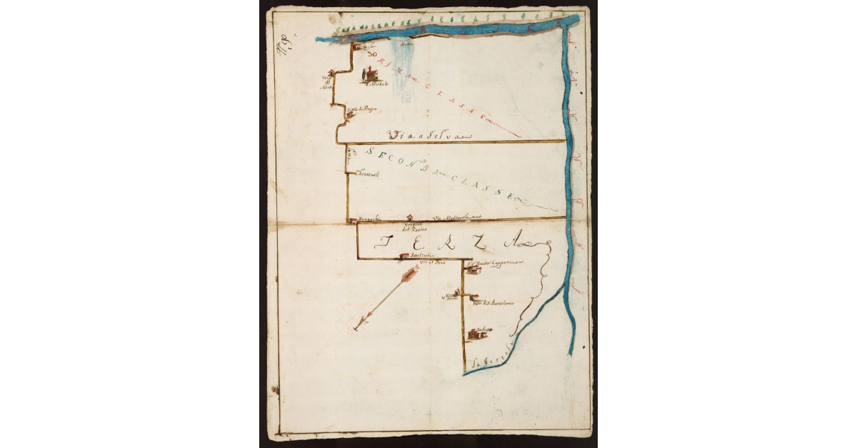 [Pianta dell'area compresa fra i corsi d'acqua Calice e Brana, il Rio Settola e la Via al Pero nel Pistoiese]