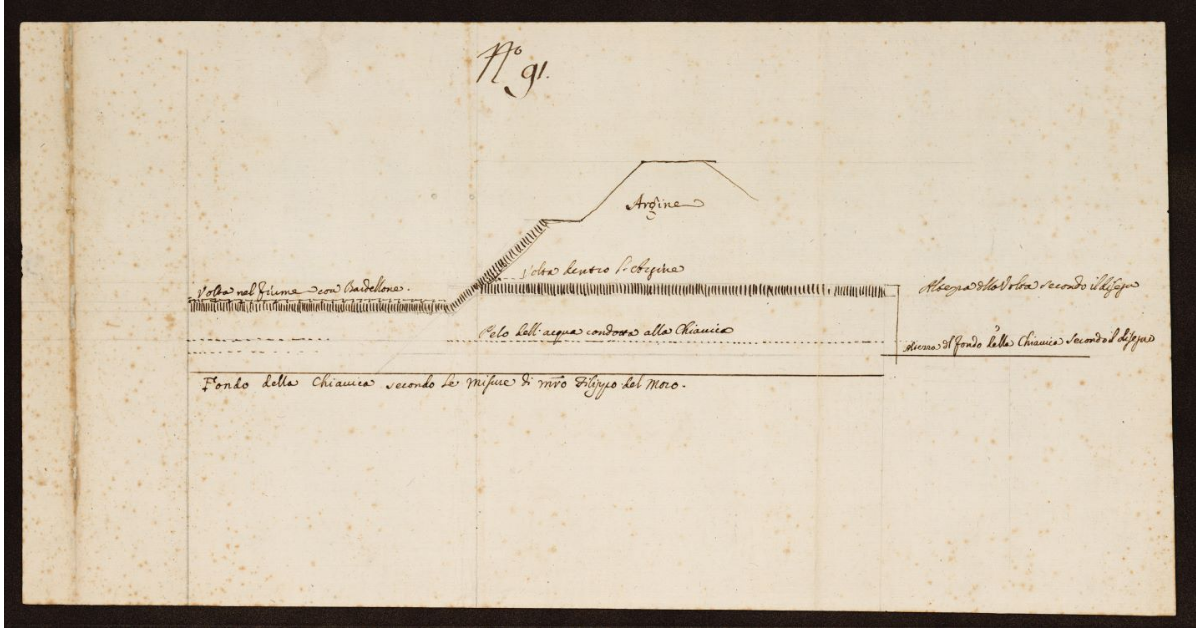 [Disegno di una chiavica con argine fluviale da realizzare nel Pistoiese]