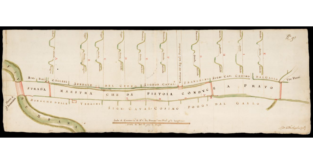 [Pianta della Strada Maestra che da Pistoia conduce a Prato nel tratto fra il Ponte d'Armacani sul Fiume Brana e i Tre Ponti nel Pistoiese]