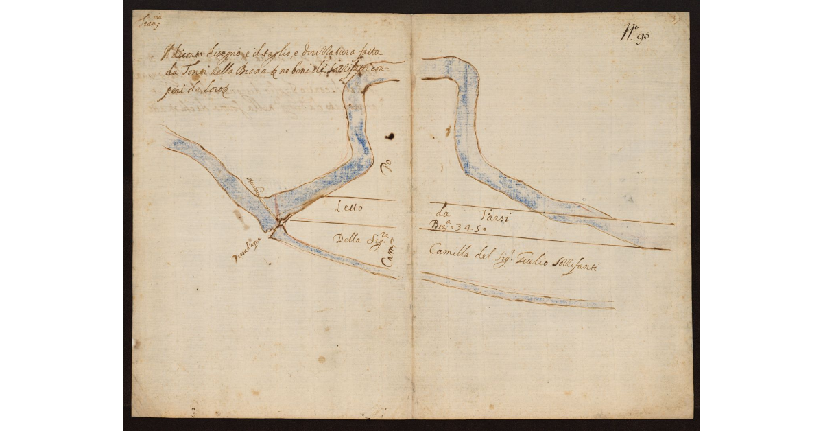 [Disegno del taglio o raddrizzamento fatto o da farsi dal Tonti nella Brana e nei beni dei Sozzifanti nel Pistoiese]