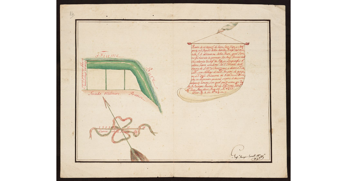 Pianta di un appezzamento di terra lavorativa, vignata e arborata posto nel Popolo della Settola, Potesteria del Montale, l. d. al Cantone della Bure