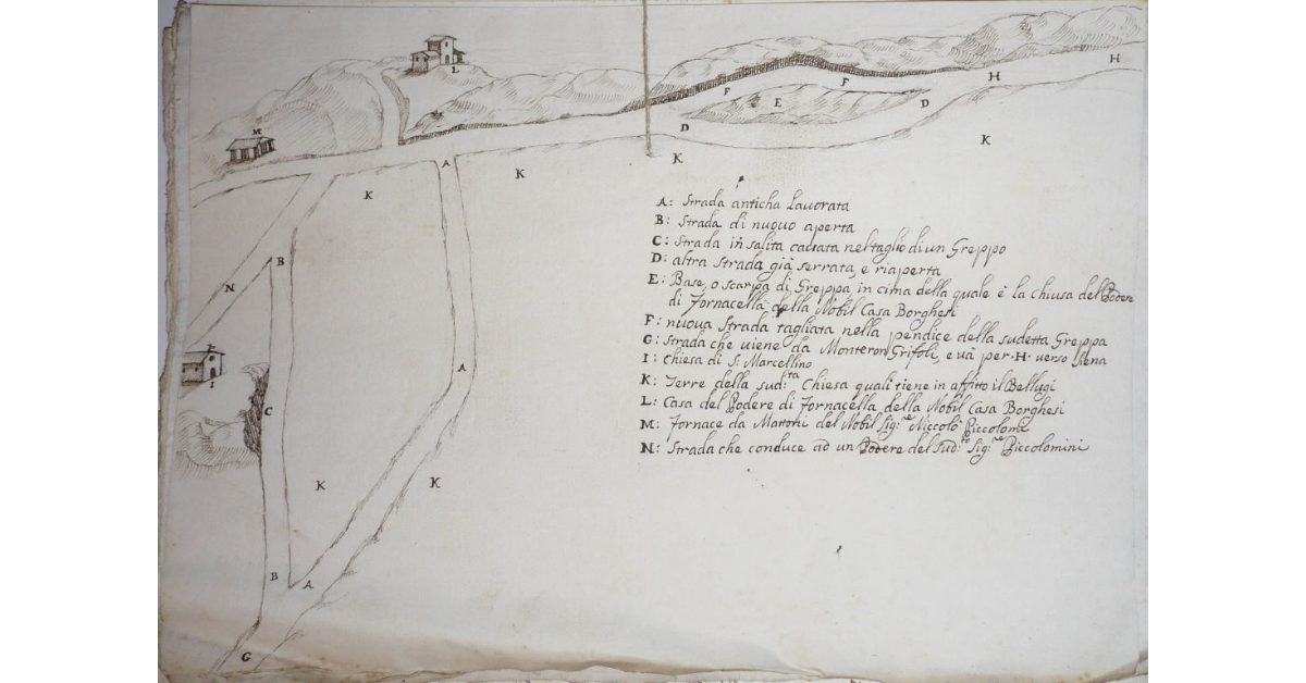 [Strada da Monterongriffoli per Asciano, Monte Oliveto Maggiore, Chiusure e Siena nell'area delle Fornacelle]