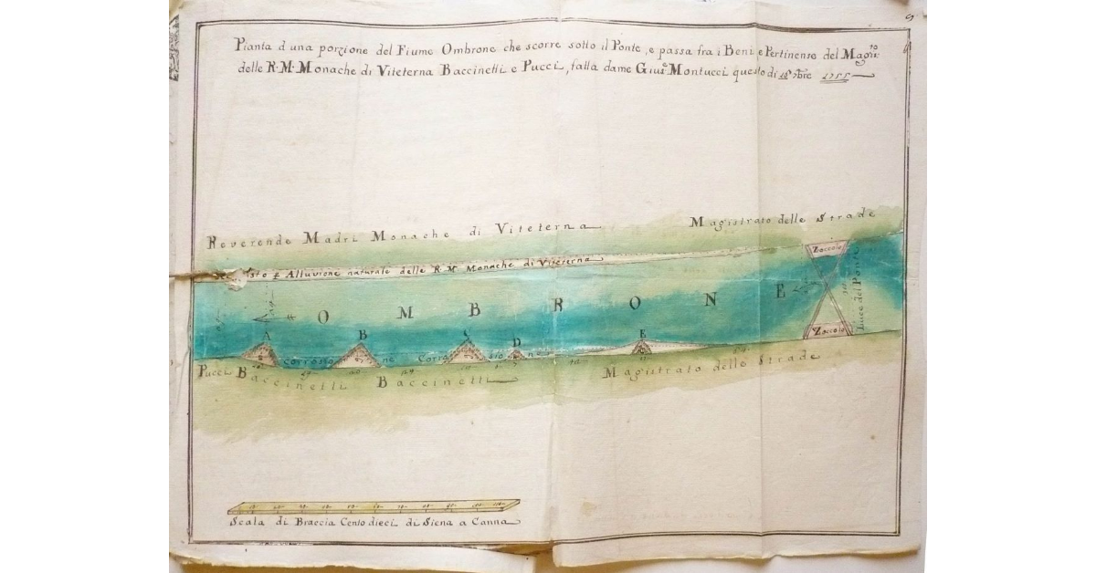 Pianta d'una porzione del Fiume Ombrone che scorre sotto il Ponte, e passa fra i Beni e Pertinenze del Magistrato delle Reverende Madri Monache di Viteterna Baccinetti Pucci [a Buonconvento]