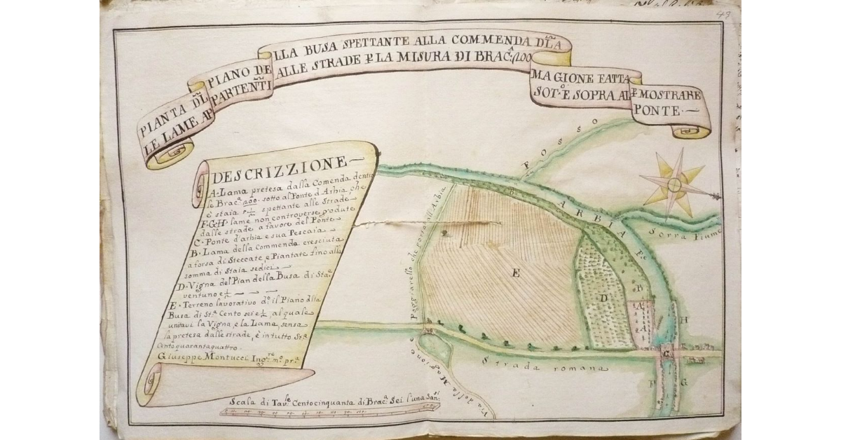 Pianta del Piano della Busa spettante alla Commenda della Magione fatta per mostrare le lame appartenenti alle Strade per la Misura di Braccia 200 sotto e sopra al Ponte