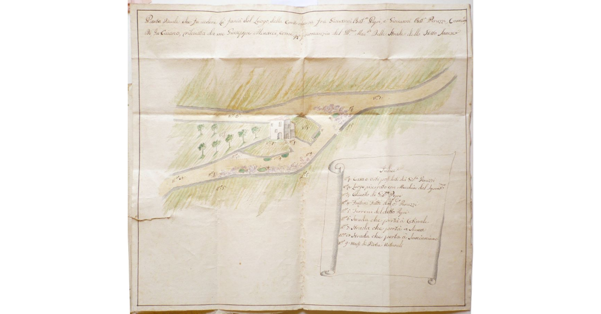 Pianta Visuale che fa vedere La faccia del Luogo, della Controversia fra Giovanni Battista Pepi, e Giovanni Battista Peruzzi, Comune di Incaiano [Ancaiano di Sovicille], rilevata da me Giuseppe Minacci, come per pronunzia dell Illustrissimo Maestrato Delle Strade dello Stato Senese