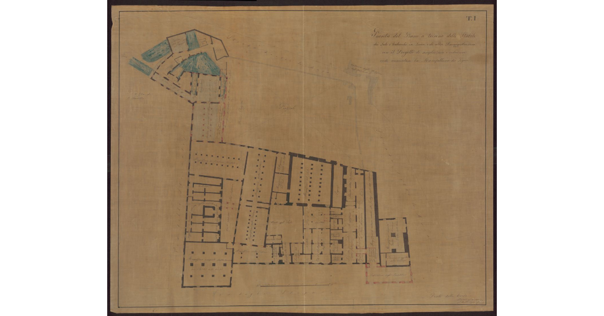 Pianta del piano a terra dello stabile dei Sali e Tabacchi in Lucca e di altre amministrazioni con il progetto di ampliazione e riduzione onde aumentare la Manifattura dei sigari