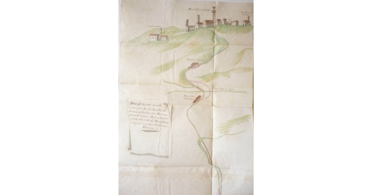 Dimostrazione visuale in cui si fa vedere la Strada che dirama dalla Consolare Romana prima di trovare il Ponte a Tavoleto e porta alla Città di Mont' Alcino come più si esprime nell'annessa Relazione