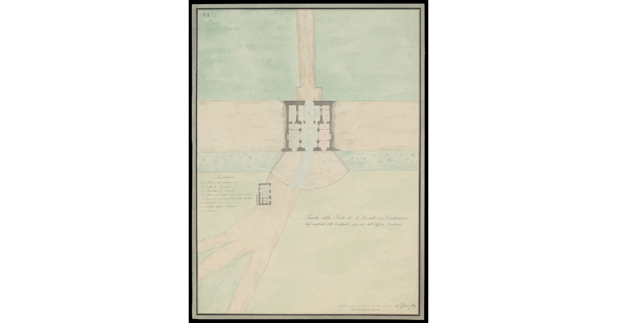 Pianta della Porta di S. Donato [a Lucca] con l'indicazione degli ambienti sotto l'antiporto per uso dell'Uffizio Daziario