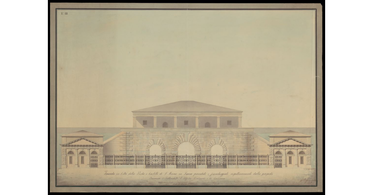 Facciata in Città della Porta e Castello di S. Maria in Lucca preceduto e fiancheggiato rispettivamente dalla Proposta Barriera e Fabbrichette, l'Uffizio Daziario, e la Caserma