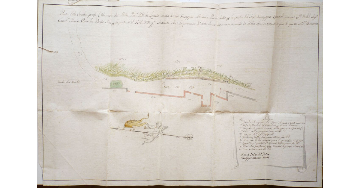 Pianta della Strada presso l'Oliviera dei Molto Reverendi Padri di Lecceto cavata da me Giuseppe Minacci perito eletto per la parte del Signor Giuseppe Camaioli insieme coll'Nobile Signor Cavalier Mario Bianchi Perito eletto per la parte di detti Reverendi Padri