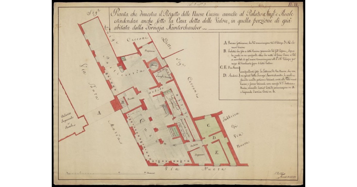 Pianta che dimostra il progetto delle nuove cucine annesse al Palazzo Imperiale Reale estendendosi anche sotto la Casa detta delle Vedove, in quella porzione di già abitata dalla Fornaia Kunterchausser