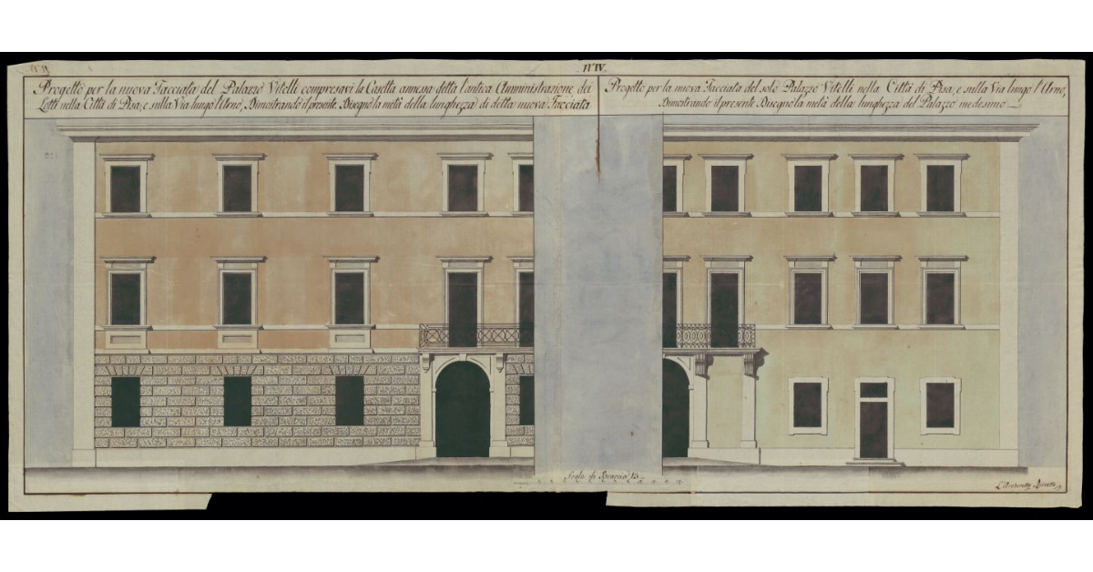 Progetto per la nuova facciata del Palazzo Vitelli compresavi anche la casetta annessa, detta l'antica Amministrazione dei Lotti nella Città di Pisa, e sulla Via lungo l'Arno, dimostrando il presente disegno la metà della lunghezza di detta nuova facciata