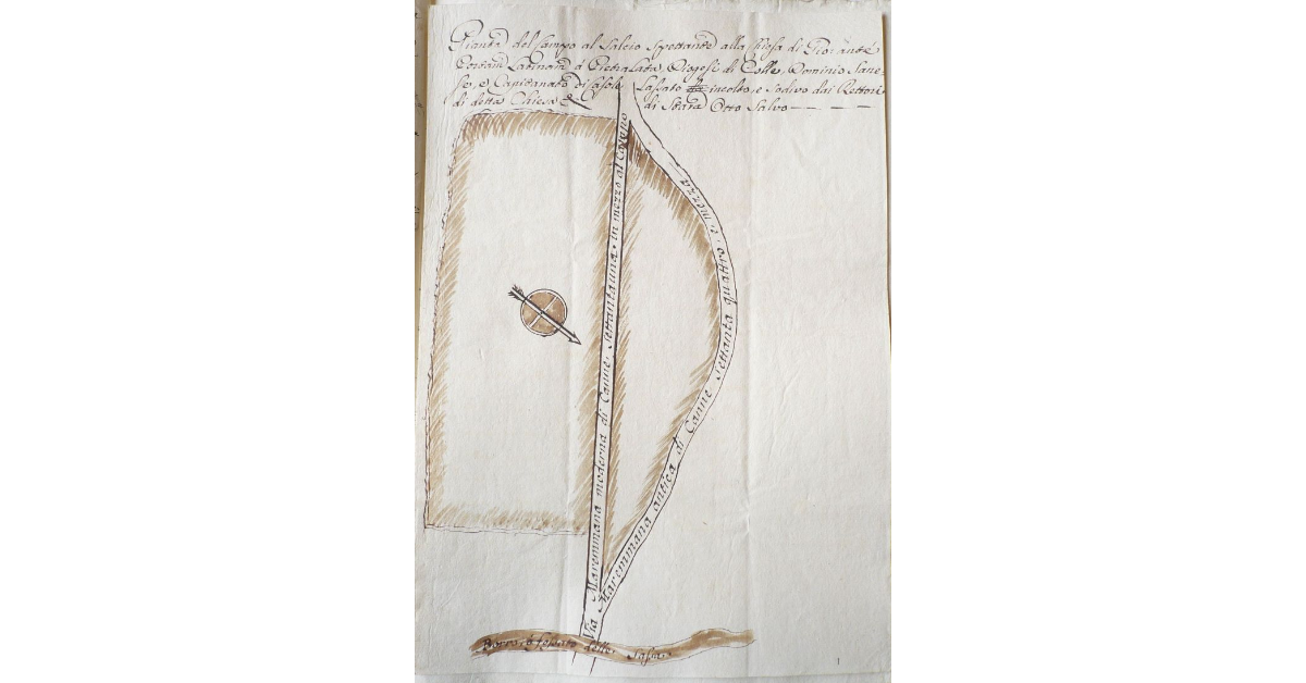 Pianta del Campo al Salcio Spettante alla Chiesa di Giovanni ante Portam Latinam à Pietralata, Diocesi di Colle, Dominio Sanese, e Capitanato di Casole Lassato incolto, e sodivo dai Rettori di detta Chiesa [...]