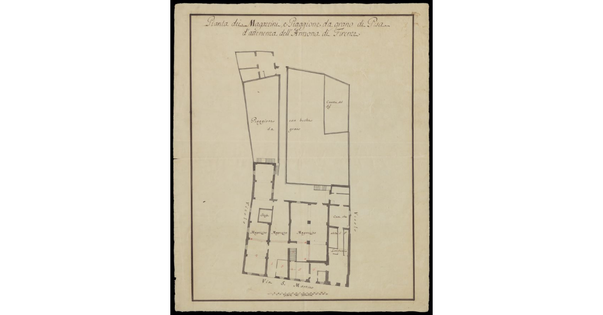 Pianta dei Magazzini e Piaggione da grano di Pisa d'attenenza dell'Annona di Firenze