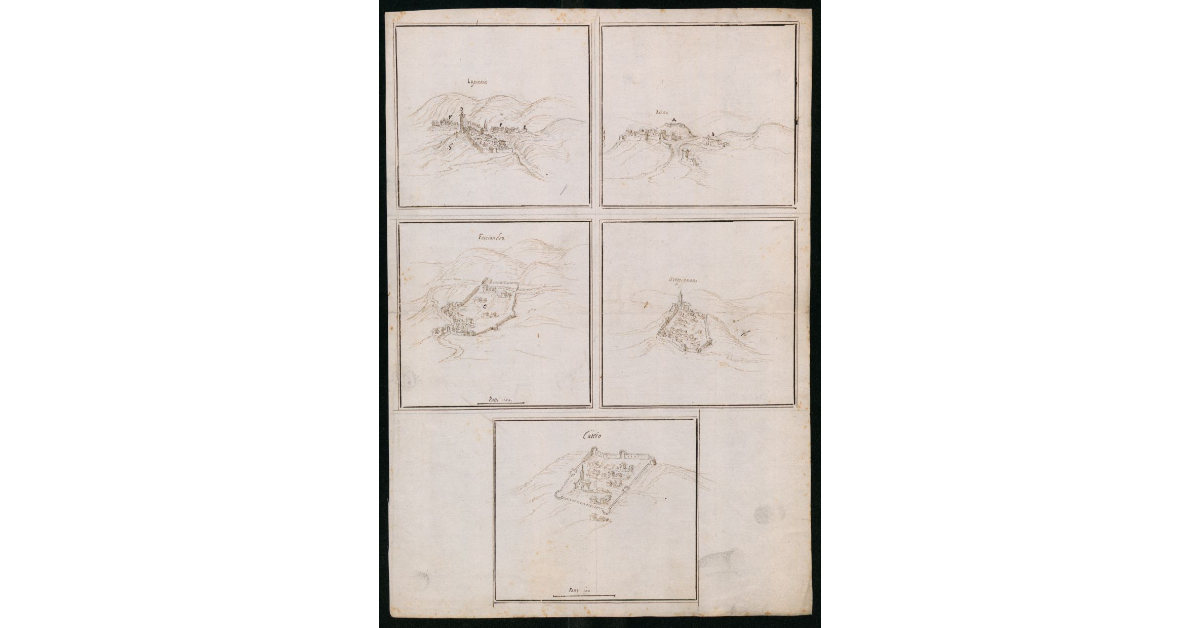 [Vedute prospettiche dei castelli di Lupinaia, Riana, Fosciandora, Treppignana e Cascio in Garfagnana]