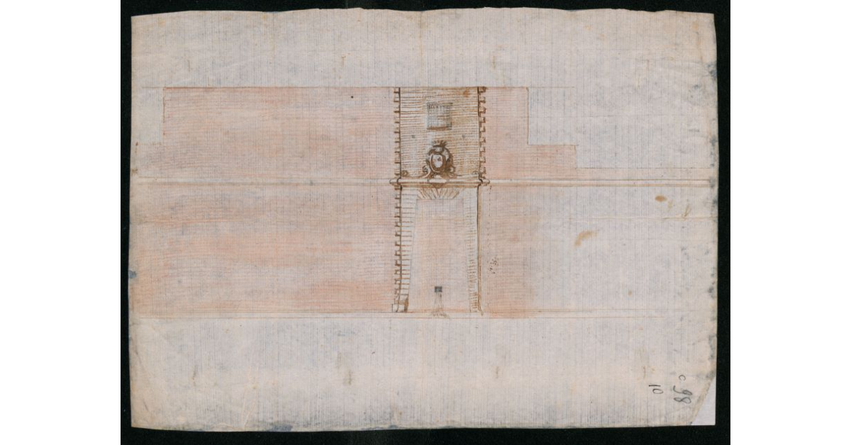 [Veduta di un tratto delle mura di Portoferraio con un ingresso sormontato dallo stemma mediceo]