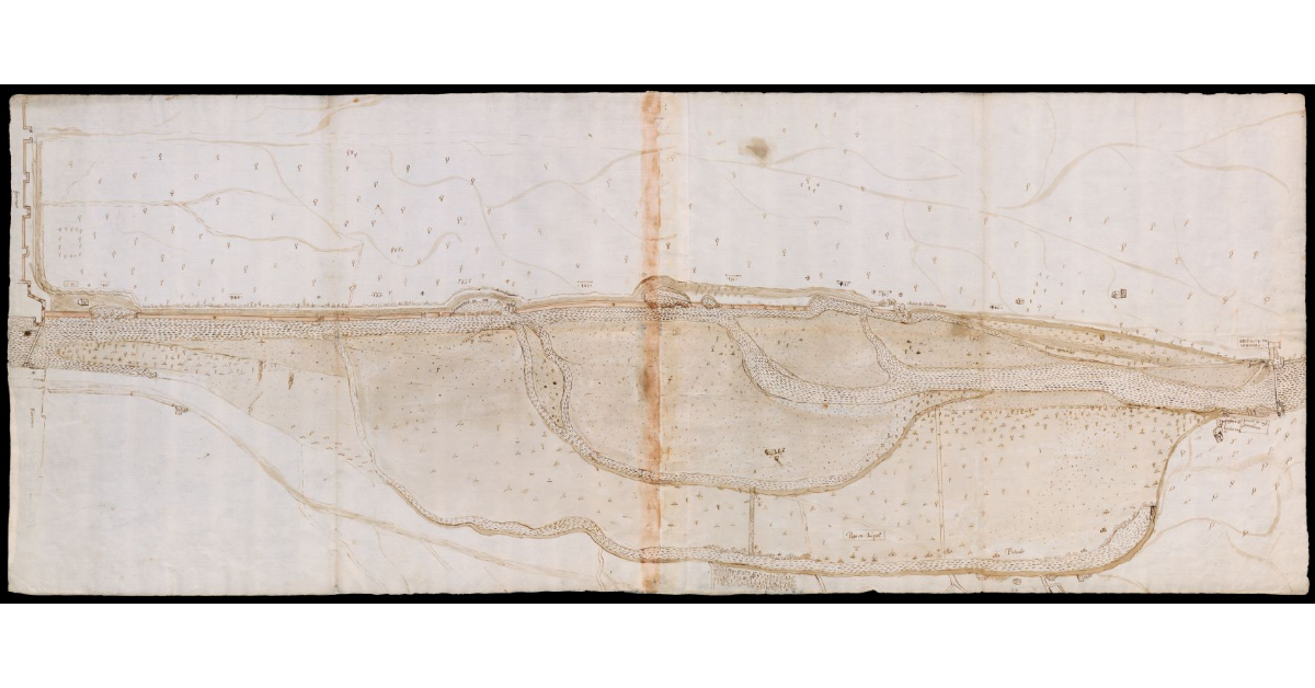 [Pianta del fiume Arno con le sue ramificazioni tra le mura di Firenze e il Piano di Ripoli fino alla pescaia di Rovezzano]