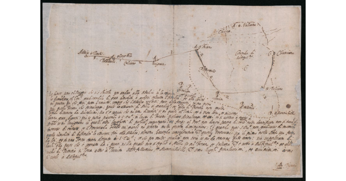 [Disegno di un itinerario di viaggio da Chianciano a Badia a Ruoti per Foiano]