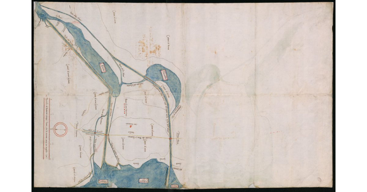 [Pianta della pianura di Pisa-Livorno con l'acquitrino di Stagno, la Fossa dell'Abate e il nuovo canale del Duca]