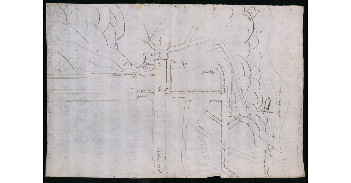 [Pianta approssimativa della pianura paludosa in vicinanza di Caprona con progetto di bonifica per canalizzazione]