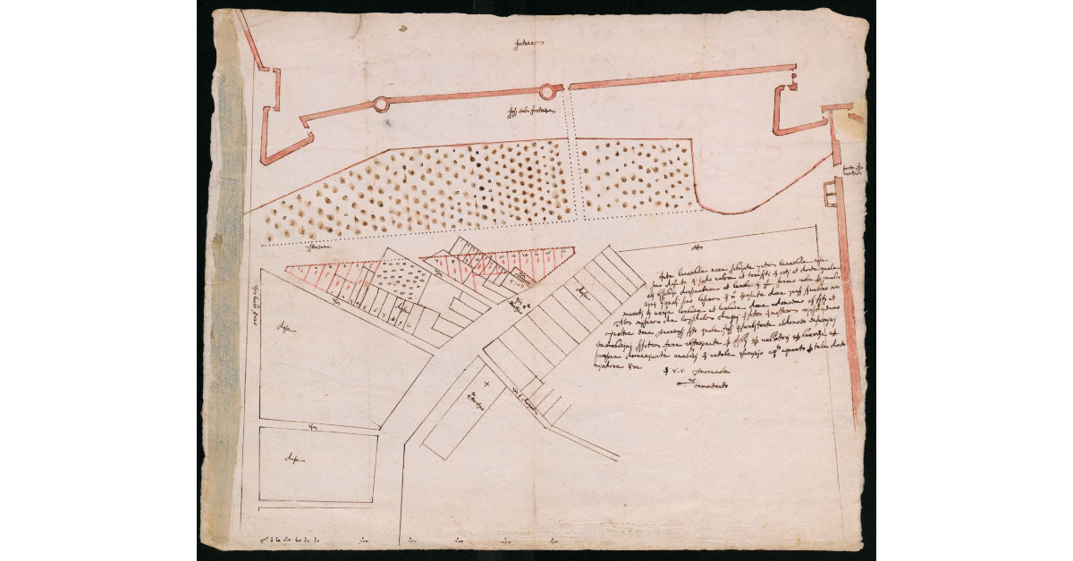 [Pianta dell'area di San Martino tra la Fortezza, Porta Fiorentina e l'Arno a Pisa con progetto di ristrutturazione urbanistica]