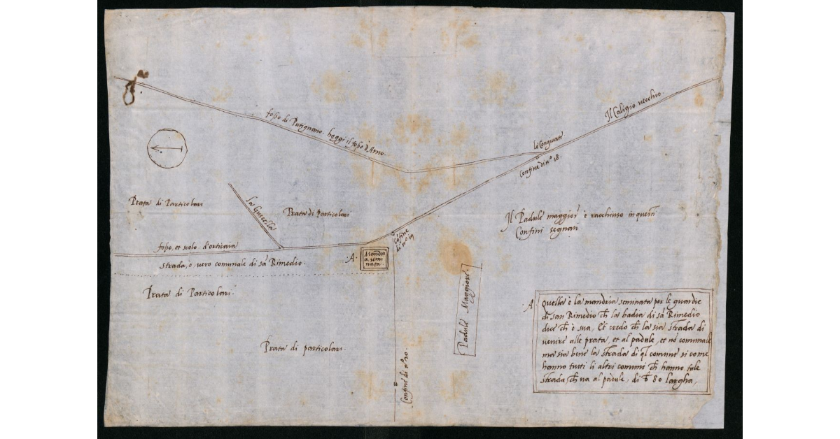 [Pianta relativa ad una controversia confinaria fra la comunità di Putignano e l'Abbazia di S. Remedio, in prossimità del Padule Maggiore nella pianura di Pisa-Livorno]