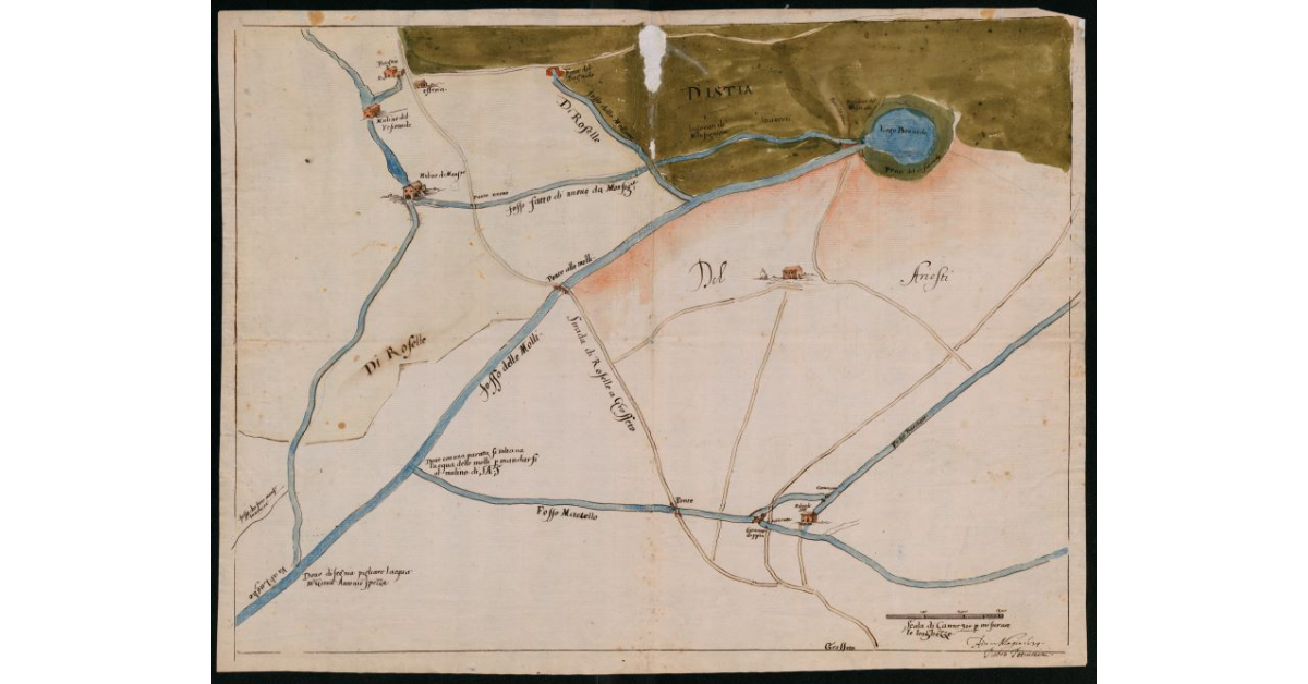 [Pianta della Pianura di Istia e Roselle a monte di Grosseto, con canali e mulini]