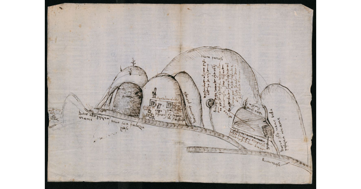[Disegno prospettico delle colline di Montepetroso e Montecerboli con grotte e corsi d'acqua]