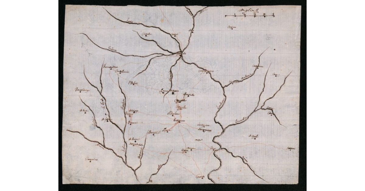 [Pianta del territorio tra Civitella e Grosseto con i corsi d'acqua Ombrone e Bruna e i loro affluenti]