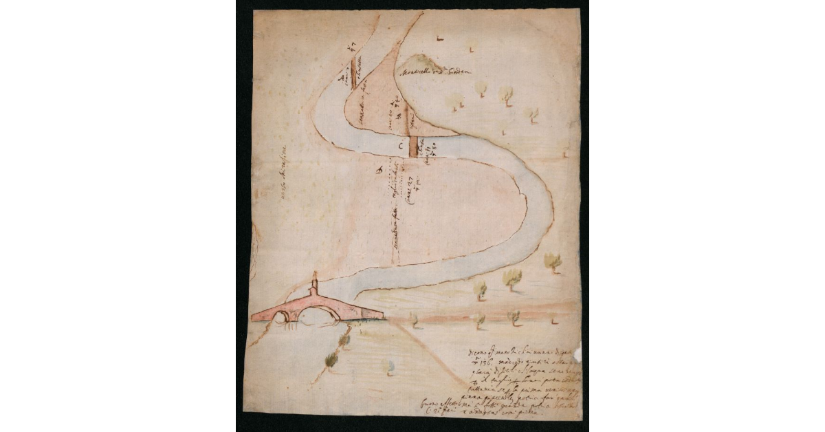 [Pianta del tratto di un fiume a meandri con ponte in località Mirafiore, con progetto di taglio e altri lavori]