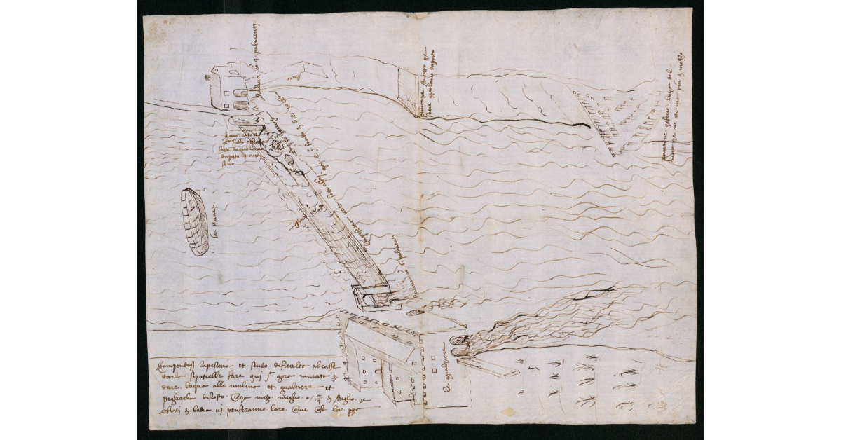 [Disegno della pescaia e delle gualchiere di Rovezzano sul fiume Arno a Firenze]