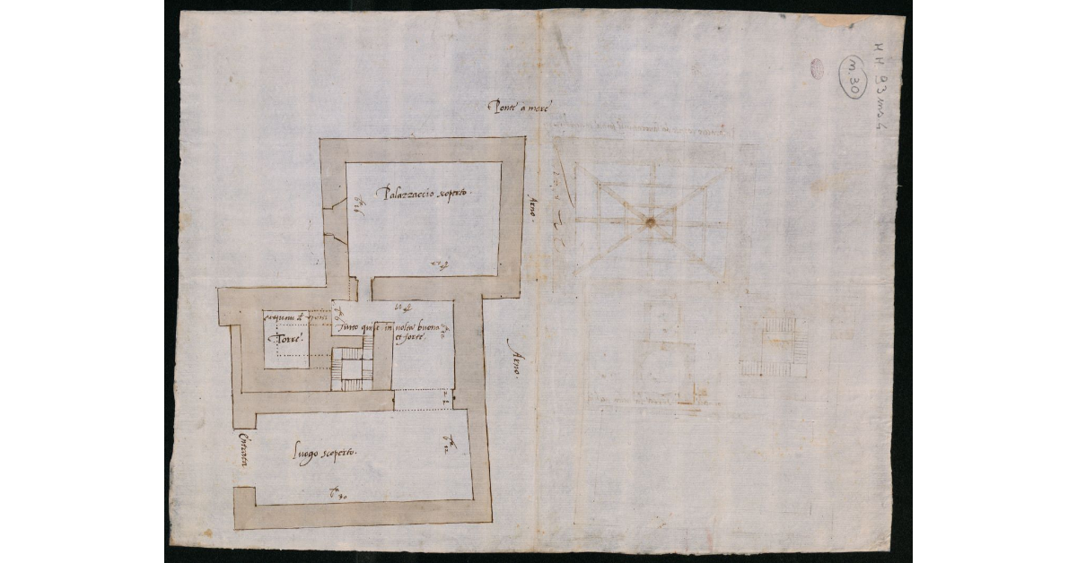 [Pianta di un complesso edilizio con torre e "palazzaccio scoperto" sull'Arno contiguo al Ponte a Mare di Pisa]