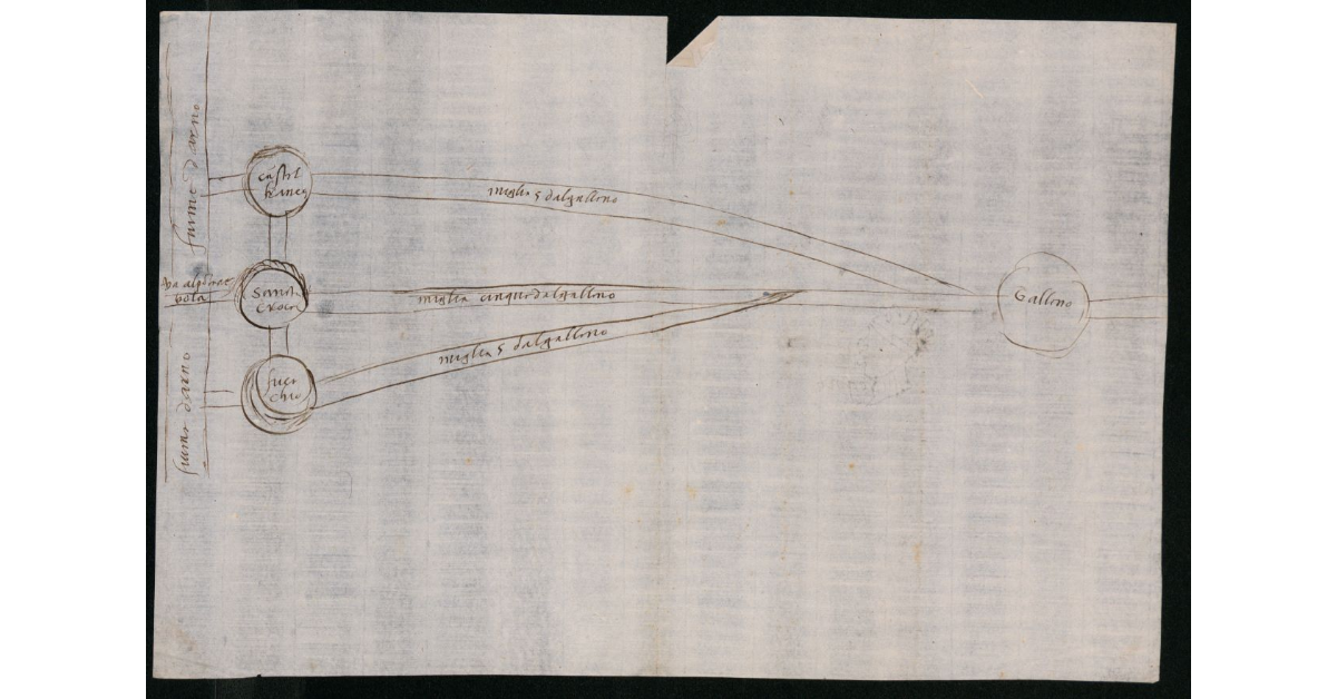 [Disegno schematico con rappresentazione delle distanze tra Galleno e Castelfranco, Santa Croce sull'Arno e Fucecchio]