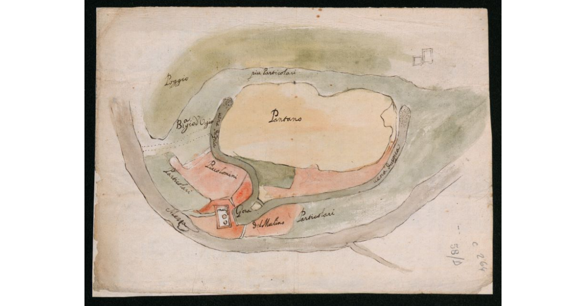 [Pianta di un tratto del fiume Merse con gora e mulino e il territorio circostante]