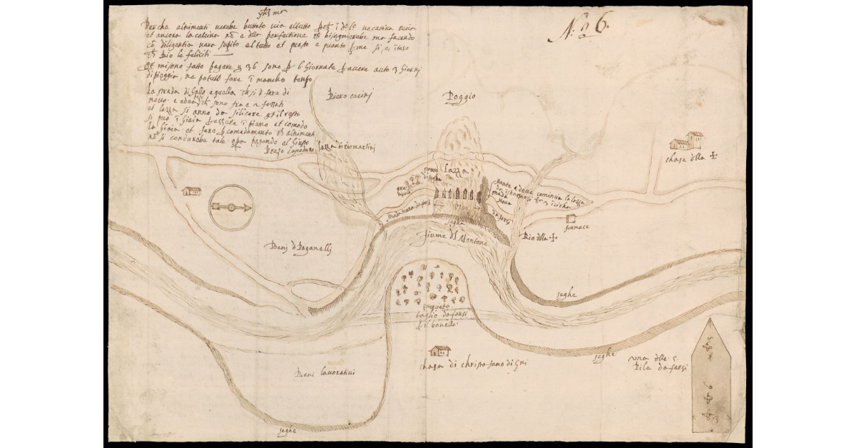 [Pianta di un tratto del Fiume Montone in Comunità di Dovadola con progetto di lavori all'argine]