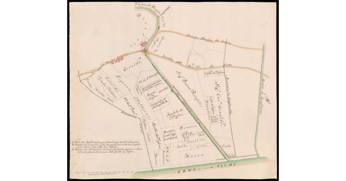 [Pianta di un tratto del Borro di Ponte Rosso fino alla sua confluenza nel fiume Arno presso Figline Valdarno]