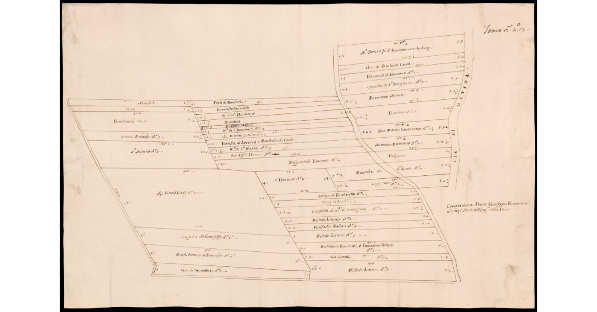 [Pianta di terreni lungo il fiume Arno con i rispettivi proprietari nei pressi di San Mauro]
