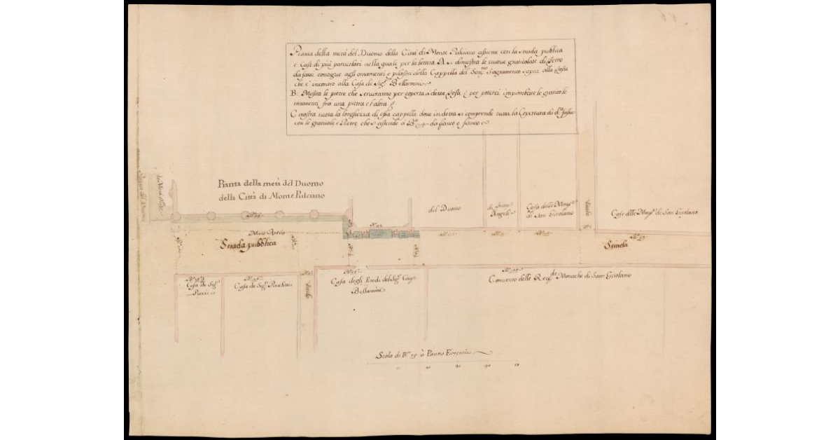 Pianta della metà del Duomo della Città di Monte Pulciano assieme con la strada pubblica e case di più particolari