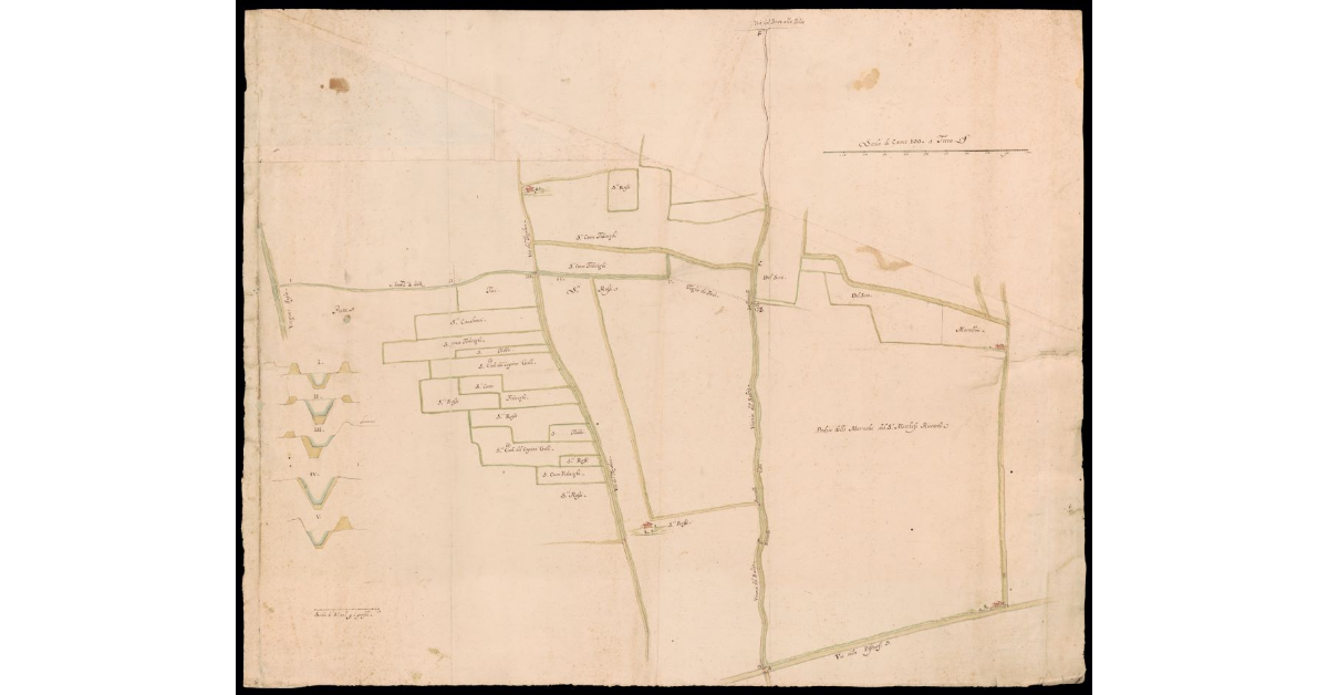 [Pianta di strade e fossi nella zona di Lecore con i profili del Fosso di Tesoli]