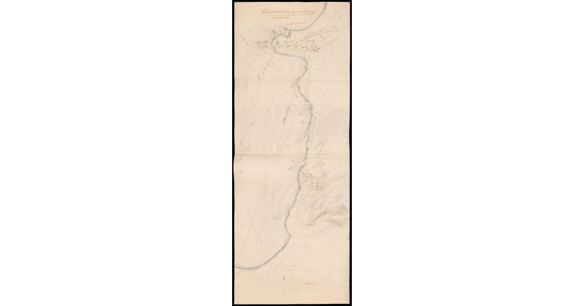 Pianta e veduta del Ponte a Poppi con una parte del corso del Fiume Arno per dimostrare la Strada Maestra Fiorentina passata di sotto Arno