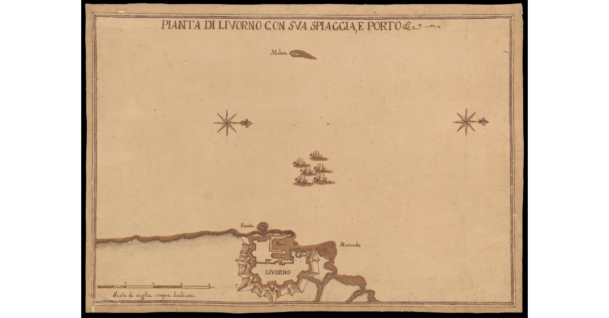 Pianta di Livorno con sua spiaggia e porto