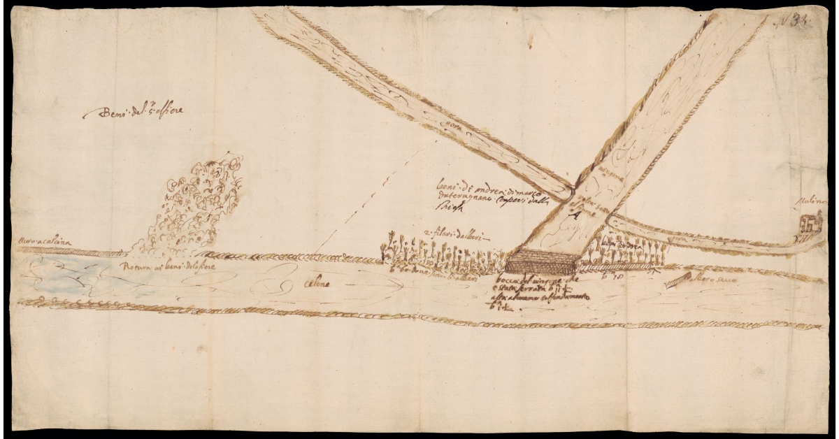 [Pianta di un tratto del fiume Celone presso la confluenza del torrente Vingone in Valdichiana]